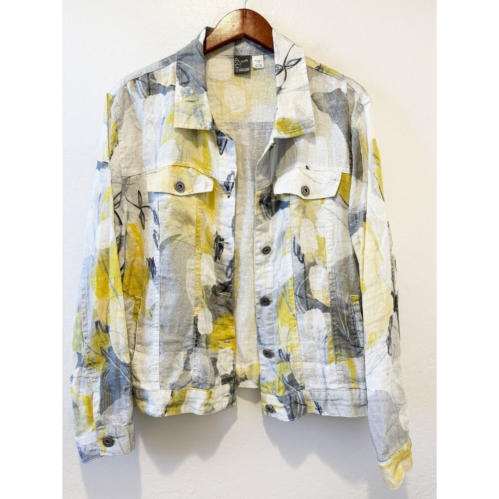Simply Art by Dolcezza Large Linen Floral Jacket Lightweight Pockets Buttons